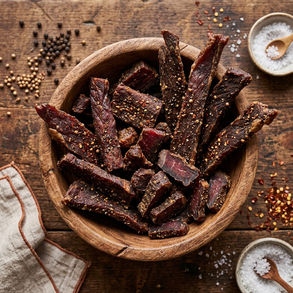Person enjoying premium Air-Cured Biltong snack with a beverage.