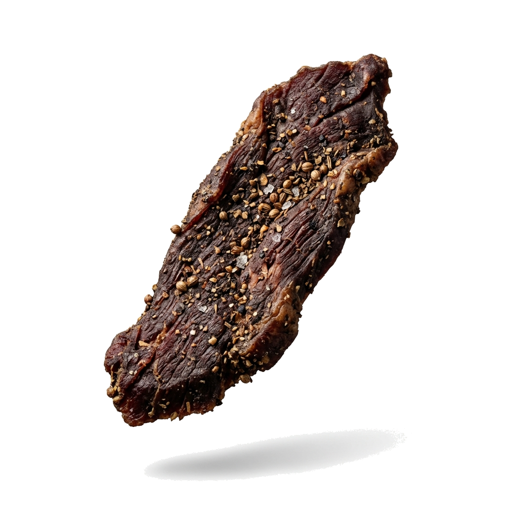 FEED THE IRON. Air-Cured Biltong close-up showing texture and premium beef.